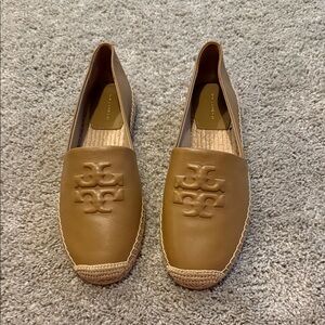 Tory Burch Cognac Leather Logo Espadrille Flats
